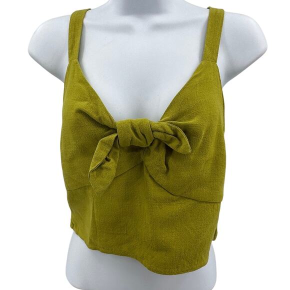 Monteau Crop Top Womens L Green Linen Blend Knot Front Smocked Back Breathable - Picture 2 of 9